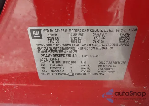 2015 Chevrolet Silverado 1500 2Lt from USA, damaged, VIN 3GCUKREC5FG276150